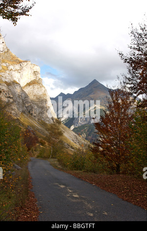 France;Pyrenees;Valley of Ossous,in autumn colours with mountain Pimene 2801m; Stock Photo