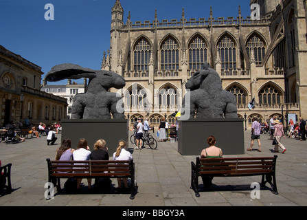 Two spectacular sculptures by Sophie Ryder a minotaur and a lady-hare stand near Bath abbey in Bath Somerset England Stock Photo