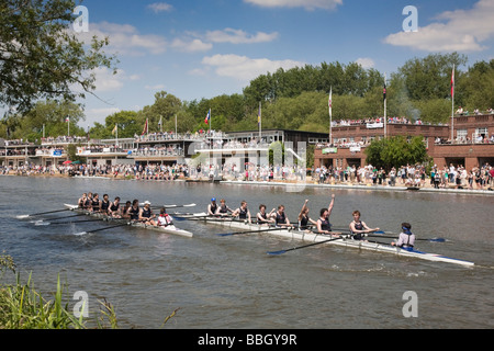 A college rowing crew celebrate after bumping their rivals on the final day of the annual Oxford University Eights Week Stock Photo