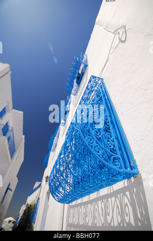 TUNIS, TUNISIA. Ornate window grille on a house in the village of Sidi bou Said outside Tunis. 2009. Stock Photo