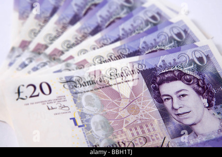 'twenty pounds' note 'twenty pound' notes money sterling currency bundle stack Stock Photo