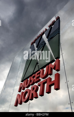 The exterior sign of the Imperial War Museum North in Salford near Manchester, England, UK