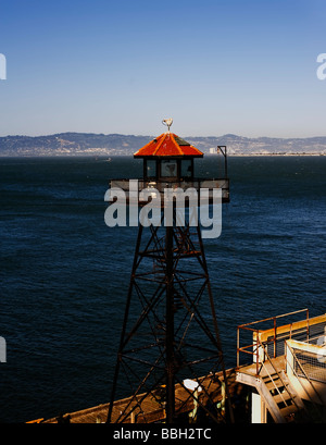 guard tower at dock and entrance to alcatraz prison Stock Photo