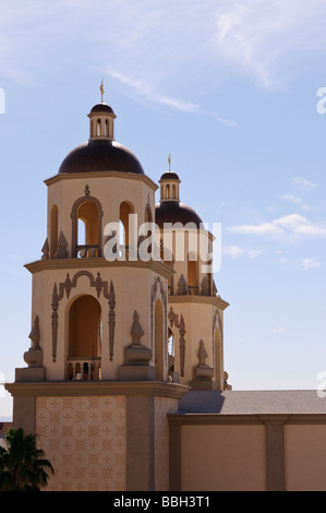 The two bell towers of St Augustine Cathedral in downtown Tucson Arizona Stock Photo