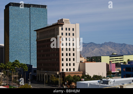 Downtown Tucson buildings with Santa Catalina mountains in background Stock Photo