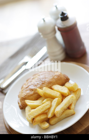 Authentic Fresh Cornish Meat And Vegetable Pasty With Chips And No People Stock Photo