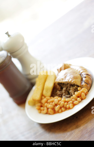 Pasty with Chips and Beans Stock Photo