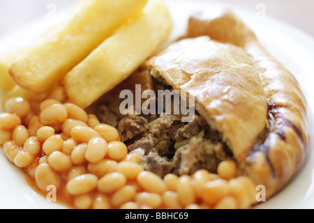 Pasty with Chips and Beans Stock Photo