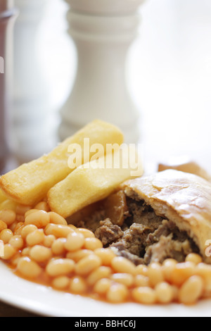 Pasty with Chips and Beans Stock Photo