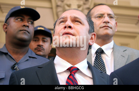 Convicted bussinessman Schabir Shaik addresses the media before leaving the Durban High court on 8 June 2005 after being found Stock Photo