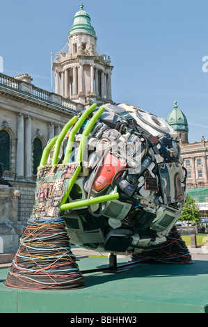 Sculpture by Colin McKnight, made from recycled electrical appliances to highlight WEEE Directive, outside Belfast City Hall. Stock Photo