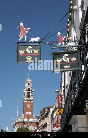 England Essex Colchester view of High Street and Town Hall George Hotel Signs Stock Photo
