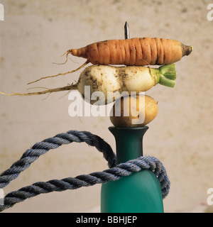 variety of vegetables skewered on a bottle. Stock Photo