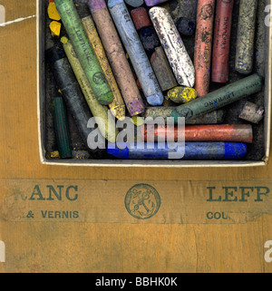 Box of old well-used pastels Stock Photo