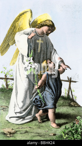 Guardian angel watching over a child. Hand-colored engraving Stock Photo