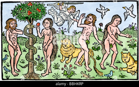 Adam and Eve in the Garden of Eden the temptation left and expulsion. Hand-colored woodcut Stock Photo