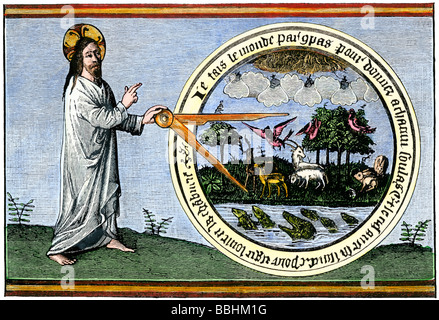 God creating the world with calipers. Hand-colored woodcut Stock Photo