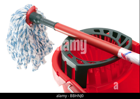 Red mop handle and plastic bucket Stock Photo