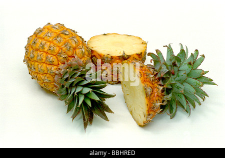 Two Pineapples on a plain background, one whole and the other cut in half. Stock Photo
