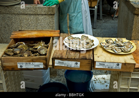 Oysters displayed for sale outside a Spanish restaurant in Vigo