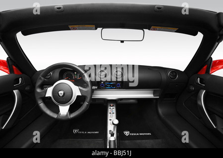 2009 Tesla Roadster in Red - Dashboard, center console, gear shifter view Stock Photo