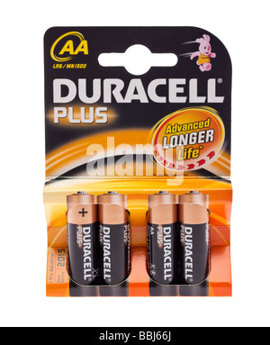 Packet of four Duracell AA batteries Stock Photo