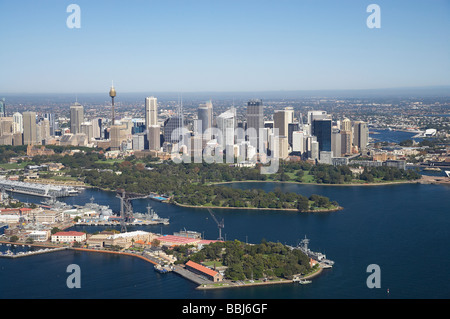 Naval Dockyard Garden Island Woolloomooloo Bay Farm Cove Royal Botanic Gardens and CBD Sydney New South Wales Australia aerial Stock Photo