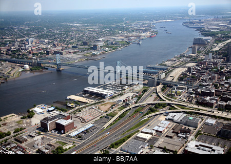 Aerial photo of the Benjamin Franklin Bridge, which connects Philadelphia, Pennsylvania and Camden, New Jersey Stock Photo