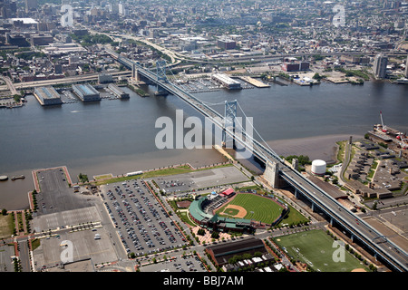 Aerial photo of the Benjamin Franklin Bridge, which connects Philadelphia, Pennsylvania and Camden, New Jersey, Stock Photo