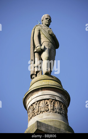 City of Glasgow, Scotland. Statue of Sir Walter Scott stands dominant on top of a Doric column in Glasgow’s George Square. Stock Photo