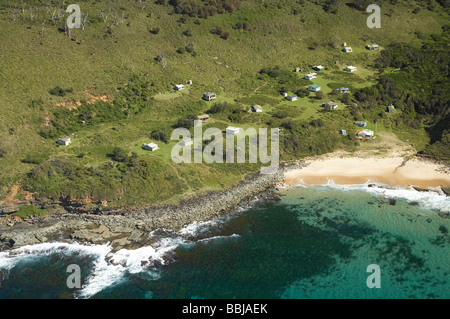 Fishing Huts Little Garie Beach Royal National Park south of Sydney New South Wales Australia aerial Stock Photo