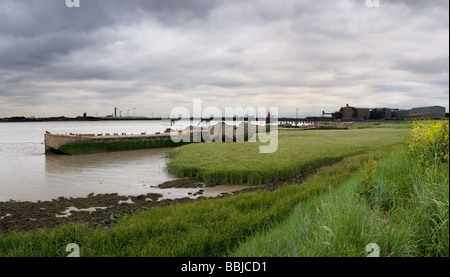 A panoramic view of old concrete barges beached on the Essex foreshore of the Thames. Stock Photo