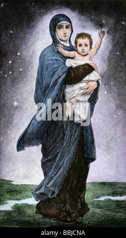 Madonna and Child. Hand-colored woodcut of a painting in Kiev by V. M. Vasnetzoff Stock Photo