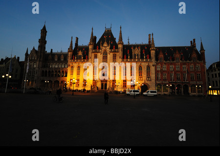 City Hall at night in the Big Market square Bruges Belgium Stock Photo