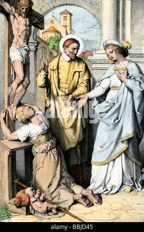 Mary Magdalene taking Jesus down from the cross after crucifixion. Hand-colored engraving Stock Photo