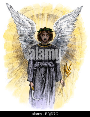 Angel with sickle and stalks of grain representing Death. Hand-colored woodcut Stock Photo