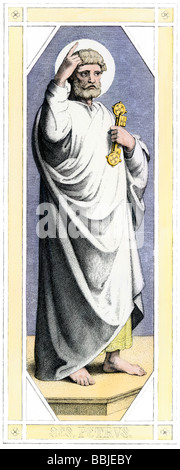 Saint Peter holding the keys to Heaven. Hand-colored engraving Stock Photo