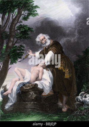 Abraham commanded not to sacrifice his son Isaac after all. Hand-colored steel engraving Stock Photo