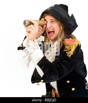 pirate looking at monoscope isolated on white Stock Photo