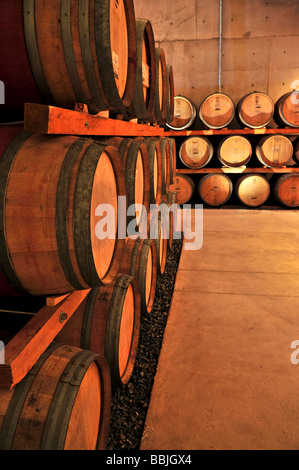 Stacked oak wine barrels in winery cellar Stock Photo