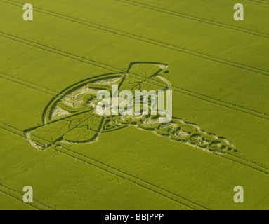 Aerial shots of the 2009 Yatesbury Dragonfly Crop Circle, with five people on the ground to give it scale. Taken from microlight Stock Photo