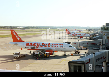 EasyJet aircraft on the stand on a clear sunny day at Gatwick Airport, London Stock Photo