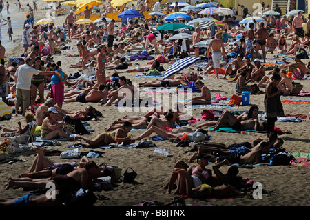 The main beach on the Croisette, in the centre of Cannes, French riviera, during the famous film festival. Southern France. Stock Photo