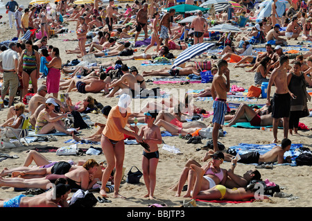 The main beach on the Croisette, in the centre of Cannes, French riviera, during the famous film festival. Southern France. Stock Photo