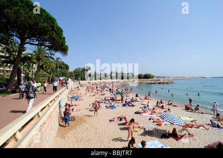 The main beach on the Croisette, in the centre of Cannes, French riviera, during the famous film festival. Southern France. Stock Photo