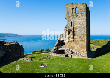 View over the Keep and North Bay from inside the Castle, Scarborough, East Coast, North Yorkshire, England Stock Photo