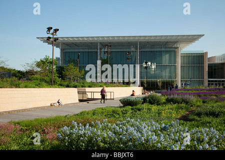 CHICAGO Illinois Modern Wing addition to Art Institute museum viewed from Lurie Garden in Millennium Park native plants blooming Stock Photo