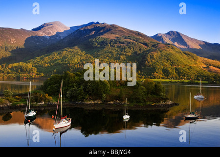 Yachts at anchor in Bishops bay, Loch Leven, Lochaber, Scotland. Stock Photo