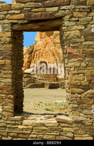 USA New Mexico Chaco Culture National Historical Park Pueblo Bonito remaining walls thru window Stock Photo