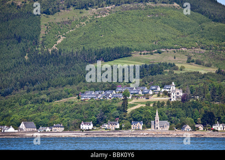 A view from offshore of the tiny village of Strone, on the Cowal Peninsula, Argyll, Scotland. Stock Photo